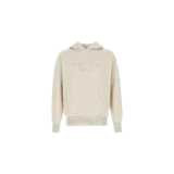 Hoodie Prada color beige melange con capucha, bolsillo frontal tipo canguro y el logotipo impreso en el pecho.