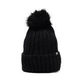 Gorro de lana tejido en punto acanalado, color negro, con vuelta en el borde y pompón de pelo sintético en la parte superior.