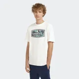Remera ONeill blanca con cuello redondo, manga corta y estampa frontal rectangular con motivo tropical y logo de la marca.