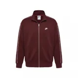 Campera deportiva Nike con cierre frontal completo, cuello alto y bolsillos laterales. Presenta un diseño en color bordó con líneas blancas a lo largo de las mangas y el logo de la marca bordado en el pecho.