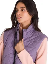 Chaleco acolchado de diseño romboidal en color violeta, con cuello alto y cierre frontal completo. Cuenta con bolsillos laterales con cierre y un ajuste cómodo y ligero.