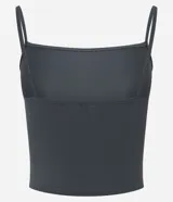 Top cropped gris oscuro de poliamida, con escote recto y breteles finos, ajuste al cuerpo.