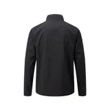 Campera rompevientos New Balance con capucha, diseño bicolor en gris y negro, cierre frontal completo y logo de la marca estampado en el pecho.