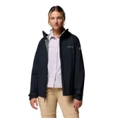 Campera impermeable Columbia modelo Ampli-Dry II Shell, color negro, con capucha ajustable, cierre frontal y bolsillos con cremallera.