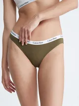 Bombacha tipo bikini de algodón elástico, color verde oliva, con cintura elástica blanca que lleva el logo de Calvin Klein repetido.