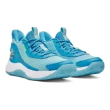 Championes de básquetbol Under Armour Curry 3Z7, color azul con detalles en blanco y verde lima. Presentan una combinación de malla transpirable y revestimientos de cuero, con entresuela Micro G para amortiguación y suela de goma de alta tracción.