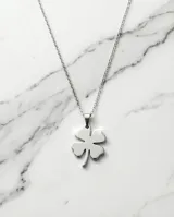 Collar de acero con dije en forma de trébol de cuatro hojas de acabado brillante.