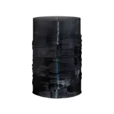 Cuello multifuncional Buff Original Ecostretch Ativ, color negro con estampado de texto en blanco y celeste.