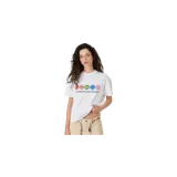 Remera oversize de manga corta en color blanco, con estampa frontal de círculos multicolores y la leyenda "EmeStudios Positive Vibration".