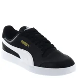 Championes Puma modelo Shuffle, de diseño urbano con silueta de bota baja. Presentan una parte superior de cuero sintético negro con la clásica franja lateral de la marca en color blanco y logo dorado. Incluyen plantilla SoftFoam+ para mayor amortiguación, cierre con cordones y suela de goma blanca.