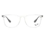 Armazón para lentes Ray Ban modelo 7074, de acetato transparente con forma cuadrada y patillas grises.