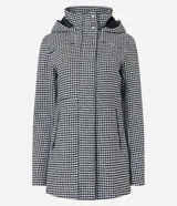 Saco largo con capucha y estampado pied de poule en blanco y negro. Tiene cuello alto, cierre con botones y cremallera, bolsillos y mangas largas.