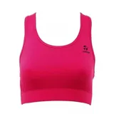 Top deportivo Topper de entrenamiento, color fucsia, con diseño de espalda nadadora y banda elástica inferior para mayor soporte. Presenta el logo de la marca estampado en el frente.