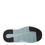 Championes deportivos unisex con diseño moderno, capellada de malla blanca y refuerzos en tono verde agua. Presentan una mediasuela voluminosa de color celeste con orificios laterales para mayor amortiguación y suela negra.