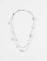 Collar doble de cadena plateada con perlas irregulares de diferentes tamaños intercaladas.