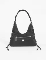 Cartera de hombro negra de poliéster con diseño acordonado y asa trenzada.