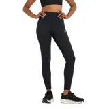 Calza deportiva de tiro alto New Balance, color negro, con ajuste ceñido al cuerpo y logo de la marca estampado en la pierna.