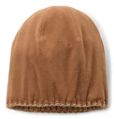 Gorro de punto con diseño de ochos, color marrón, con pompón superior y parche de cuero con logo de la marca. Cuenta con forro interior de micropolar.