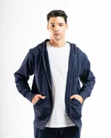 Buzo canguro con capucha y cierre frontal, color azul marino, con dos bolsillos frontales tipo canguro.