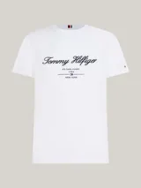 Remera de algodón Tommy Hilfiger, color blanco, con cuello redondo y manga corta. Presenta el logo de la marca bordado en el pecho en tipografía cursiva y la bandera distintiva bordada en la manga.