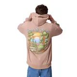 Canguro con capucha y bolsillo frontal tipo canguro, color beige. Presenta un pequeño estampado en el pecho con la inscripción Rusty Crew y una furgoneta, además de un parche decorativo en la manga.