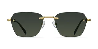 Lentes de sol cuadrados con montura dorada y lentes verdes.