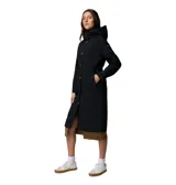 Impermeable Columbia modelo Amaze Trench Rain de color negro, con capucha desmontable y cierre frontal de botones.