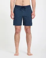 Short de baño Volcom modelo Abg Psyche Cotton Stoney 17 pulgadas, color azul marino con diseño estampado geométrico sutil y cordón ajustable en la cintura.