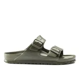 Sandalias Birkenstock Arizona EVA color verde oliva, con doble tira y hebillas ajustables. Fabricadas en goma EVA, resistentes al agua y muy livianas.
