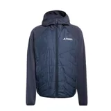 Campera híbrida Adidas Terrex con capucha, diseñada con paneles frontales acolchados y mangas de tejido técnico elástico. Presenta cierre frontal completo y logo de la marca en el pecho.