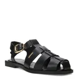 Sandalias franciscanas de cuero negro con tiras cruzadas, suela plana y hebilla metálica dorada lateral.