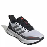 Championes de running Adidas Ultrarun 5, diseñados para terrenos irregulares. Presentan un exterior blanco con refuerzos en gris oscuro, detalles en naranja neón y suela con tecnología Adiwear para mayor agarre. Incluyen mediasuela Bounce 2.0 para amortiguación y elementos reflectantes.