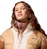 Campera puffer Columbia con tecnología termorreflectante Omni-Heat y tejido repelente Omni-Shield. Presenta un diseño de bloques de color en tonos beige y marrón, cuello alto, cierre frontal bidireccional, bolsillos laterales con cierre y puños elásticos.