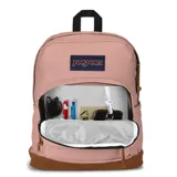 Mochila Jansport modelo Superbreak Plus, color rosa con base de gamuza marrón, compartimento principal amplio, bolsillo frontal con cierre y tiradores de cuero. Cuenta con la etiqueta clásica de la marca bordada en el frente.