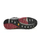 Championes de caña media Caterpillar, modelo Grapple Leather, con diseño robusto en tonos gris, negro y detalles en rojo. Presenta una combinación de cuero y materiales sintéticos, con suela dentada de alto agarre y cierre con cordones.