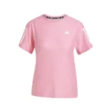 Remera deportiva Adidas Own The Run color rosa con tres tiras blancas en las mangas y logo blanco en el pecho. Confeccionada en tejido transpirable AEROREADY con detalles reflectantes.