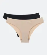 Kit de dos bombachas bikini de microfibra, una color beige y otra negra, con corte a láser.