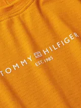 Remera deportiva Tommy Hilfiger de corte amplio y color naranja, con cuello redondo, hombros ligeramente caídos y logo de la marca estampado en el pecho.