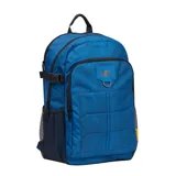 Mochila Caterpillar color azul con patrón geométrico sutil. Presenta un compartimento principal amplio con correas de compresión laterales, bolsillo trasero acolchado para portátil, panel trasero y correas de hombro acolchadas de malla transpirable, y bolsillo frontal con organizador y presilla para llavero.