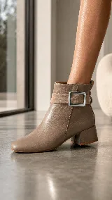 Bota corta de cuero con diseño minimalista, punta redondeada y taco cuadrado de 4 cm. Presenta una tira decorativa en el tobillo con una hebilla metálica rectangular. Cuenta con cierre lateral interno para facilitar el calce.