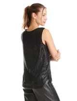 Blusa sin mangas de lentejuelas negras, con escote redondo y forro interno a tono.