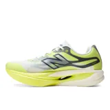 Championes de running New Balance FuelCell SC Elite V6, color amarillo flúor y blanco con detalles en azul marino y gris. Diseñados con entresuela ultralensible de PEBA, placa de fibra de carbono y parte superior de malla transpirable con tecnología FantomFit.