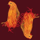 Pañuelo cuadrado de diseño original con estampa artística de gallos en tonos naranja y amarillo sobre fondo bordó.