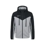 Campera deportiva con capucha y cierre frontal, diseño bicolor en gris y negro con logo de la marca en el pecho y bolsillos laterales con cierre.