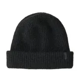 Gorro tipo beanie de lana tejido en canalé, color negro, con vuelta en el borde y etiqueta pequeña con el logo de la marca.