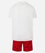 Conjunto de pijama corto para hombre, con remera blanca con estampa de Spider-Man y short rojo con estampado de telarañas.