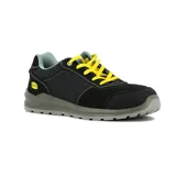 Championes de seguridad Diadora modelo Speedy Low, color negro con cordones amarillos y suela gris. Diseño técnico con refuerzo en la puntera y paneles laterales texturizados.