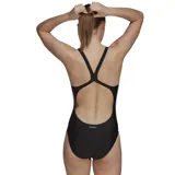 Malla enteriza deportiva Adidas color negro con las icónicas tres tiras blancas en los laterales y logo de la marca estampado en el pecho. Presenta espalda con tirantes cruzados y diseño resistente al cloro.