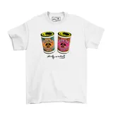 Remera blanca de manga corta con estampado frontal de dos latas de polvo para hornear Royal en estilo pop art y firma de Andy Warhol.