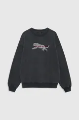Buzo Anine Bing modelo Spencer Leopard, de color negro con efecto gastado. Presenta cuello redondo, hombros caídos y mangas largas. En el pecho cuenta con un estampado artístico de un leopardo con el texto bordado en rojo "ANINE BING".
